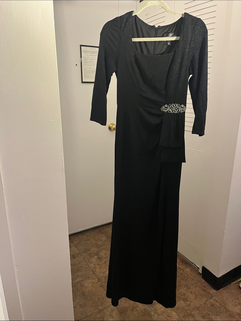 Alex Evenings Black Long Sleeve Evening Dress with Jeweled Accent